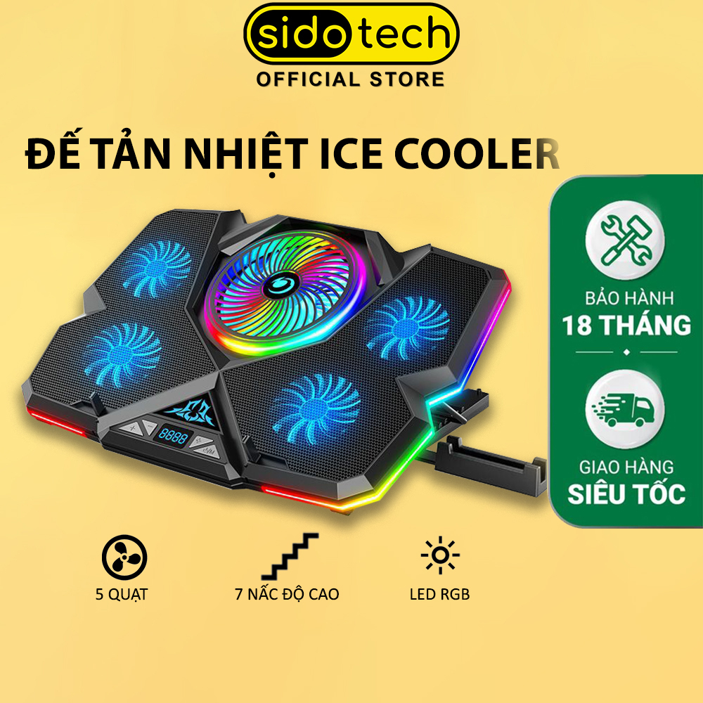 Đế tản nhiệt laptop Sidotech ICE COOLER với 5 quạt làm mát nhanh đèn led RGB gaming điều chỉnh quạt và tốc độ gió
