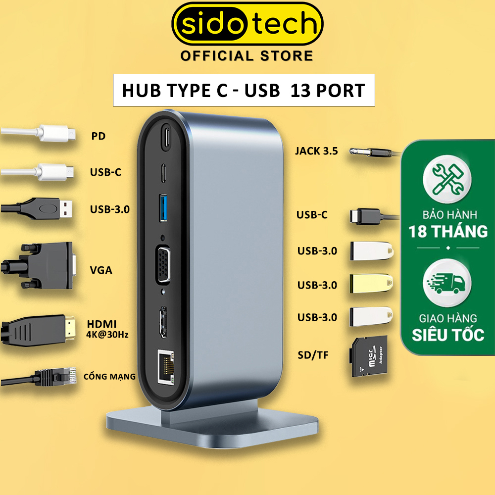 Hub TYPE C to USB 3.0 SIDOTECH 13 PORT trạm chuyển đổi mở rộng thêm các cổng HDMI VGA PD 100W LAN mạng SD/TF