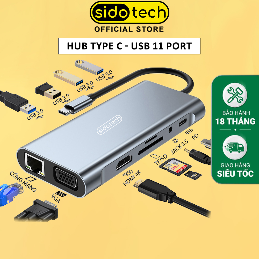 Hub chuyển đổi Type C USB 3.0 Sidotech 11 port bộ chia mở rông kết nối cho máy tinh laptop máy in điện thoại máy ảnh