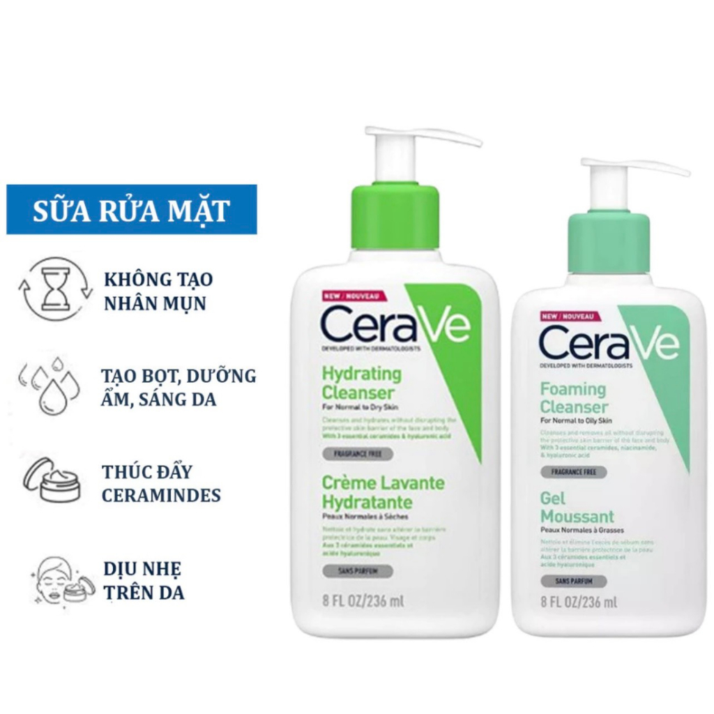 Sữa Rửa Mặt CERAVE Xanh Dương Cho Da Dầu Mụn Và CERAVE Xanh Lá Cho Da Khô Sarah