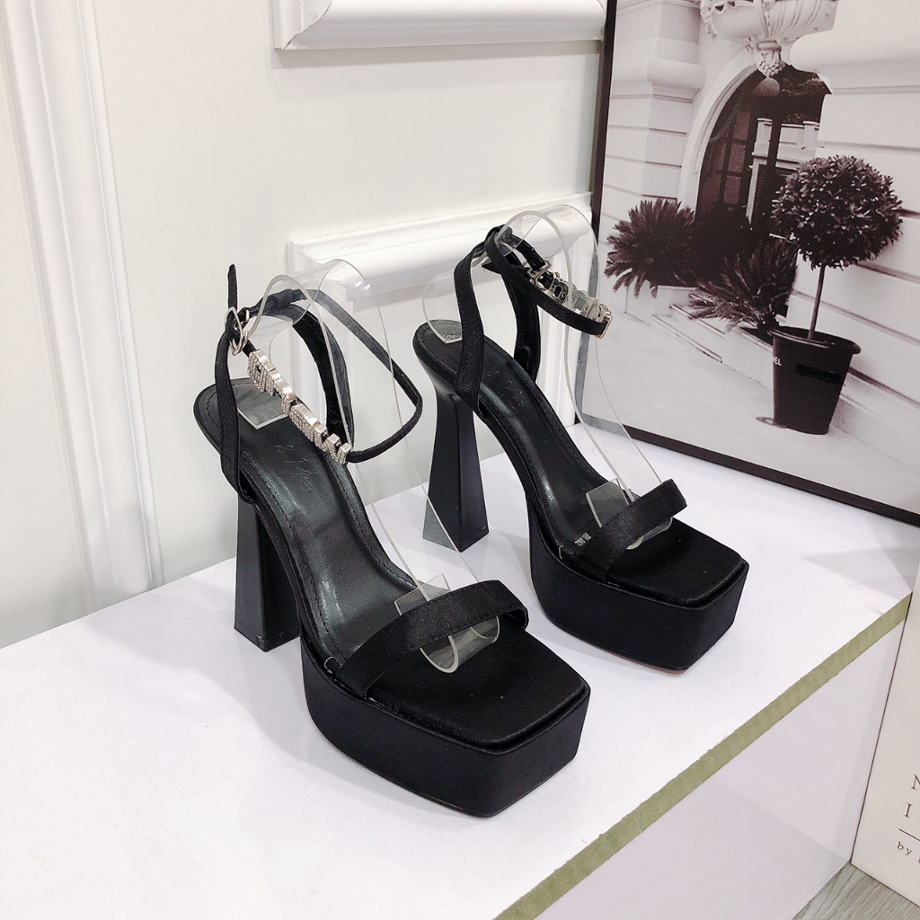 Giày sandal cao gót mũi đúp cao 12P phối chữ chất Satin lên chân siêu đẹp Giày đi tiệc MT Shoes