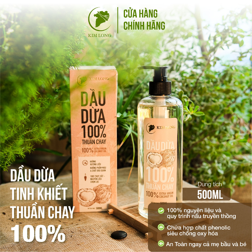 500ml - Dầu Dừa Kim Long nguyên chất 100% - Thuần chay - Hỗ trợ dưỡng da, dưỡng tóc, dưỡng môi, ngừa rạn da