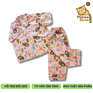 Pijama tay ngắn cho bé vải Thô cotton mịn đẹp hút mồ hôi hình Gấu và cáo hồng size 10-40kg