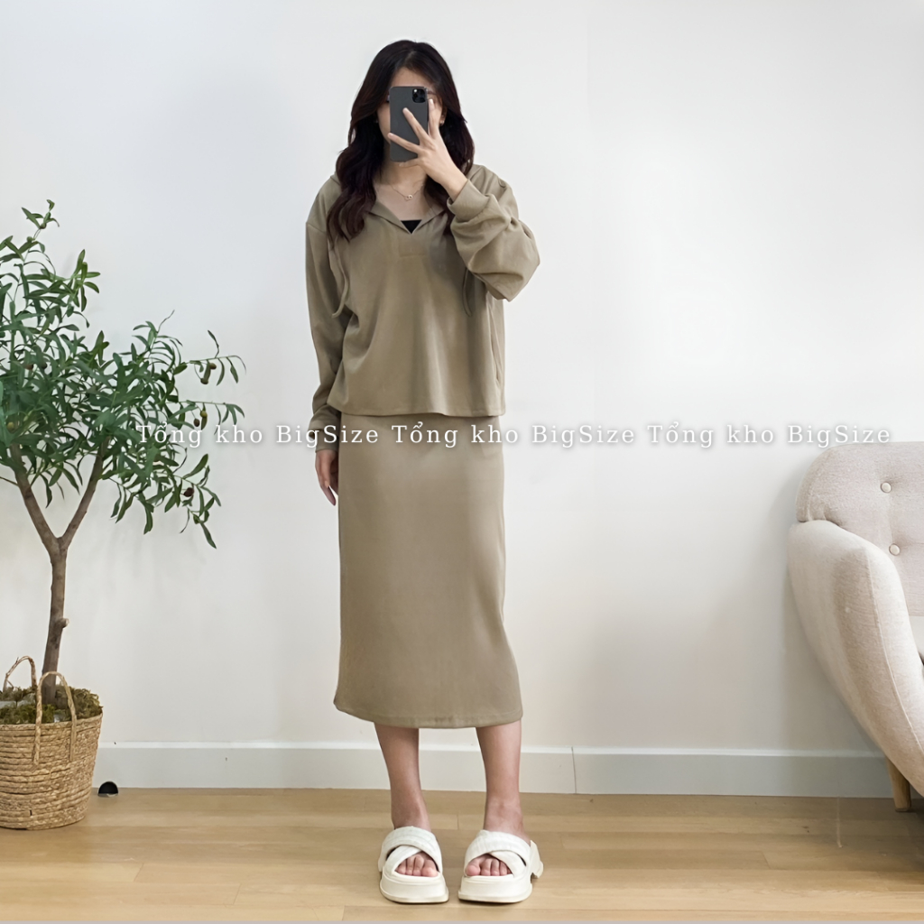 Set nữ BIGSIZE bộ áo nỉ tăm có mũ kèm chân váy xẻ dài 192