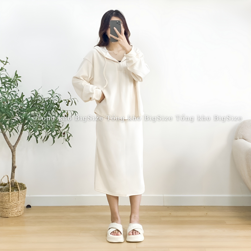 Set nữ BIGSIZE bộ áo nỉ tăm có mũ kèm chân váy xẻ dài 192