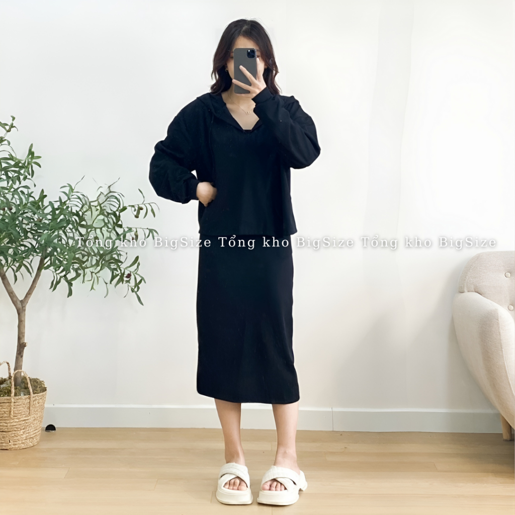 Set nữ BIGSIZE bộ áo nỉ tăm có mũ kèm chân váy xẻ dài 192