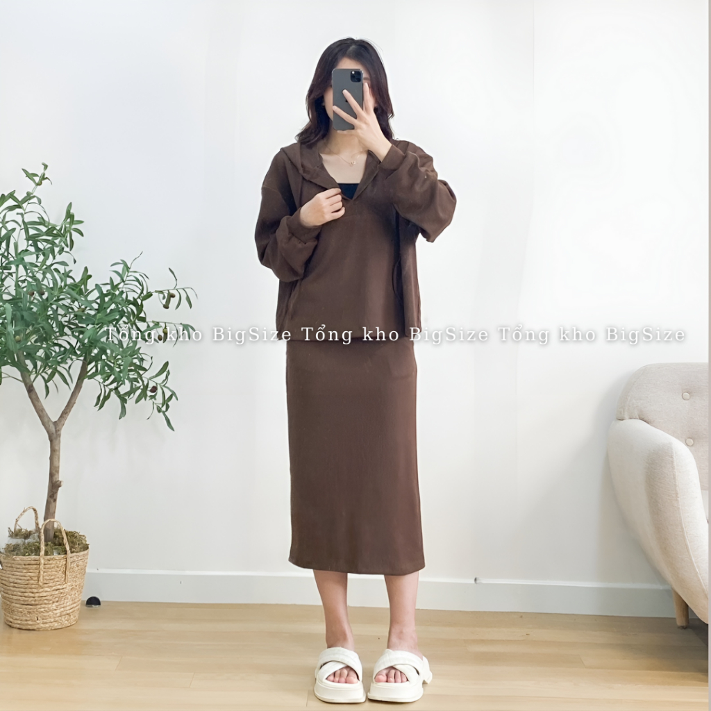 Set nữ BIGSIZE bộ áo nỉ tăm có mũ kèm chân váy xẻ dài 192