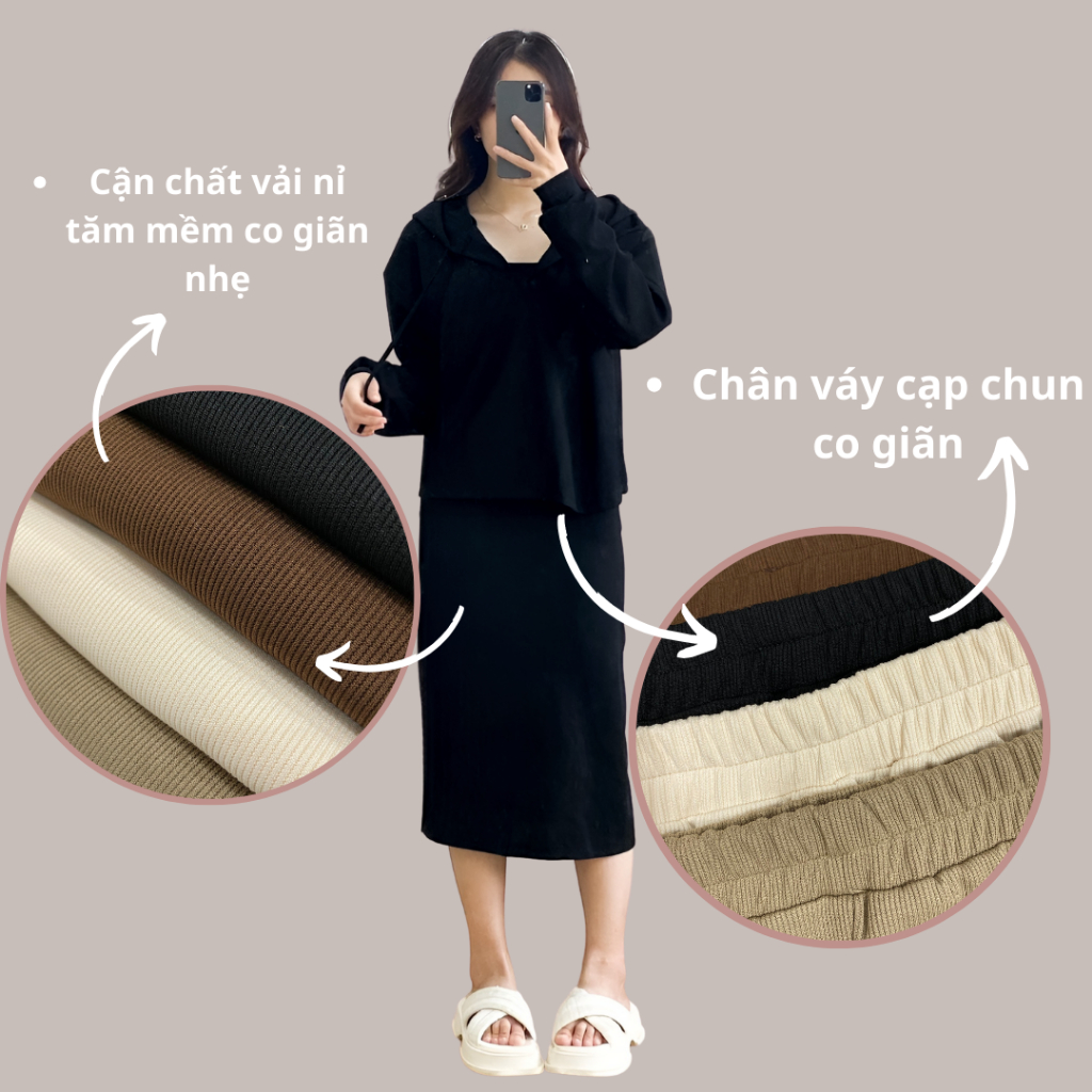 Set nữ BIGSIZE bộ áo nỉ tăm có mũ kèm chân váy xẻ dài 192