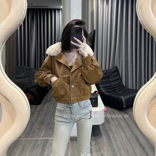 Áo khoác da TJO croptop phối cổ áo lông vũ khuy bấm phong cách cổ điển màu nâu 105