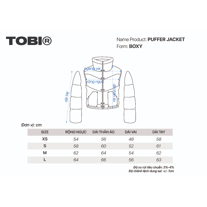 Áo khoác phao 2 cách mặc chần bông TOBI