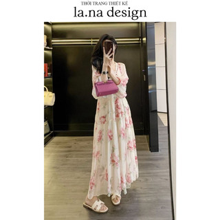 Váy bánh bèo La.na hoạ tiết hoa thiết kế cao cấp set váy tiểu thư dài tay nữ tính hoạ tiết hoa - V032