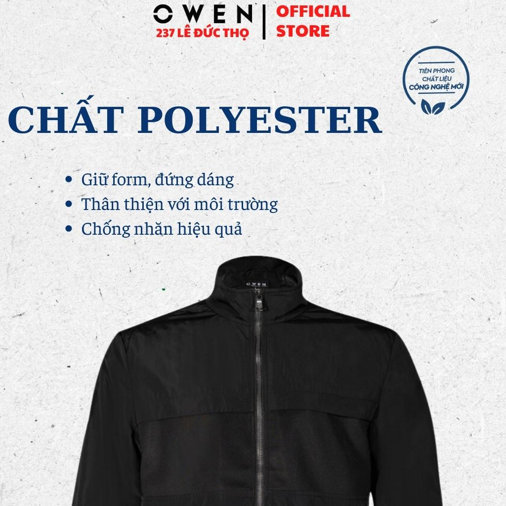 Áo khoác nam cao cấp Owen JK220708 Jeacket gió 2 lớp màu đen trơn dáng suông cổ đứng bo tay và gấu vải polyester