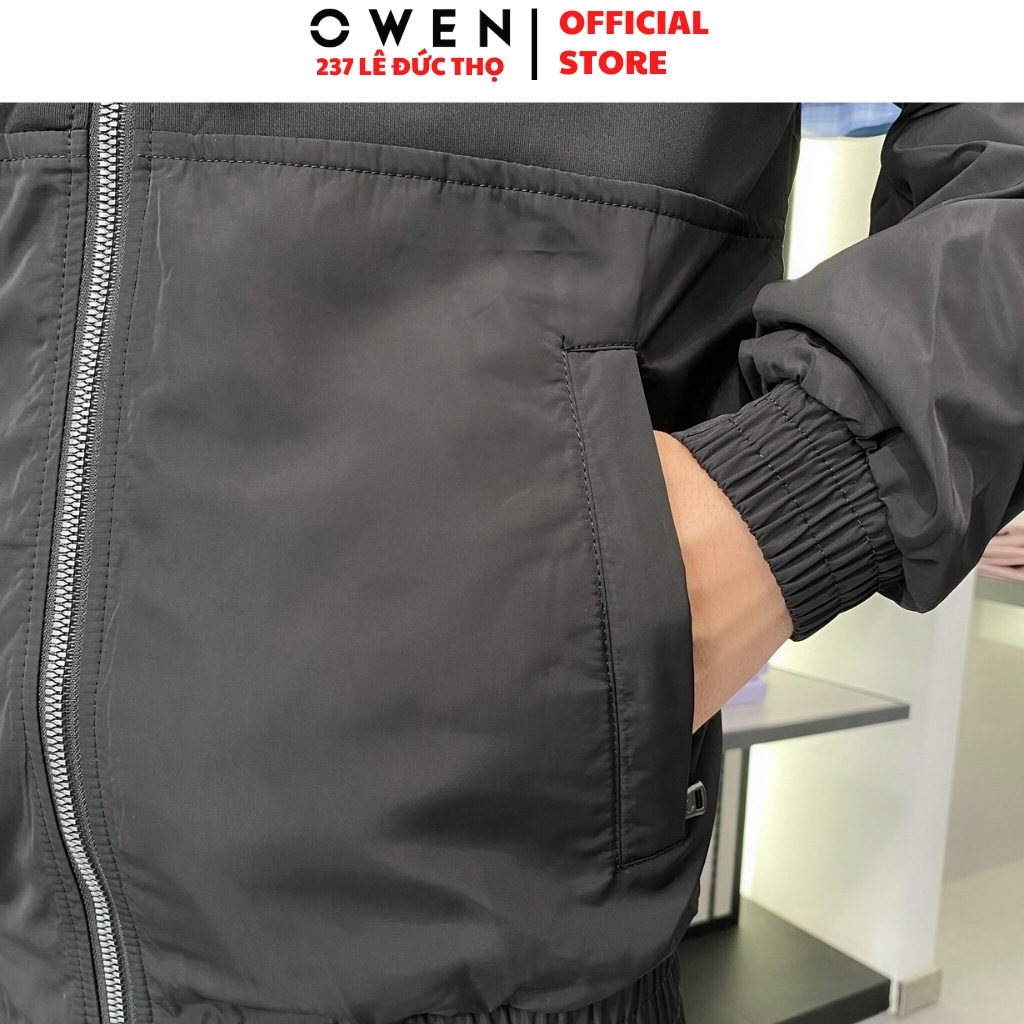 Áo khoác nam cao cấp Owen JK220708 Jeacket gió 2 lớp màu đen trơn dáng suông cổ đứng bo tay và gấu vải polyester