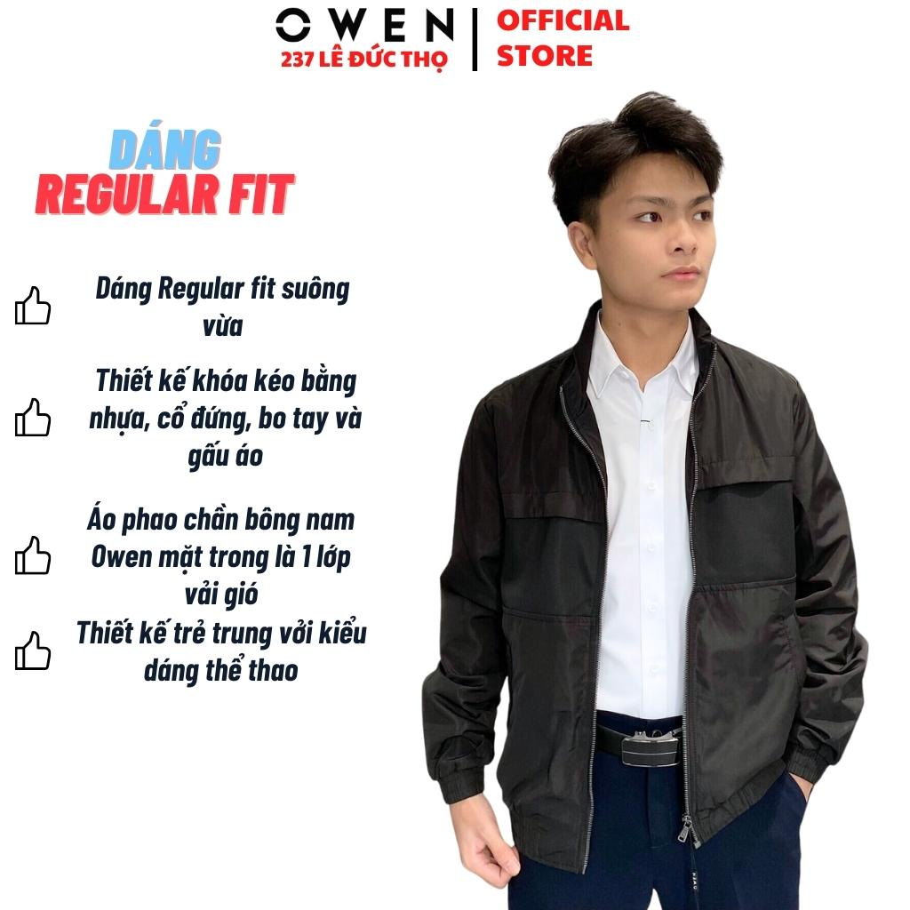 Áo khoác nam cao cấp Owen JK220708 Jeacket gió 2 lớp màu đen trơn dáng suông cổ đứng bo tay và gấu vải polyester