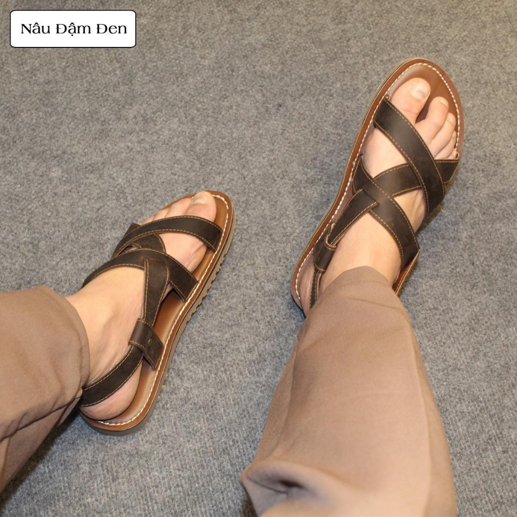 Dép sandals chiến binh nam da bò. Đế cao su chống trơn trượt, may viền xung quanh chắc chắn