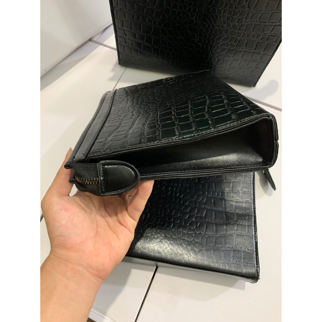 Túi xách nam nữ cầm tay TA07 màu than kẻ ô thời thượng đẳng cấp