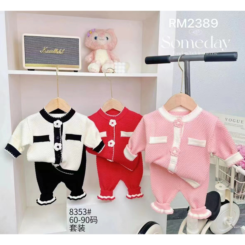 Bộ quần áo len cho bé gái HK KIDS, bộ len dài tay Quảng Châu chất len mềm mịn đanh lì size cho bé 0-3 tuổi