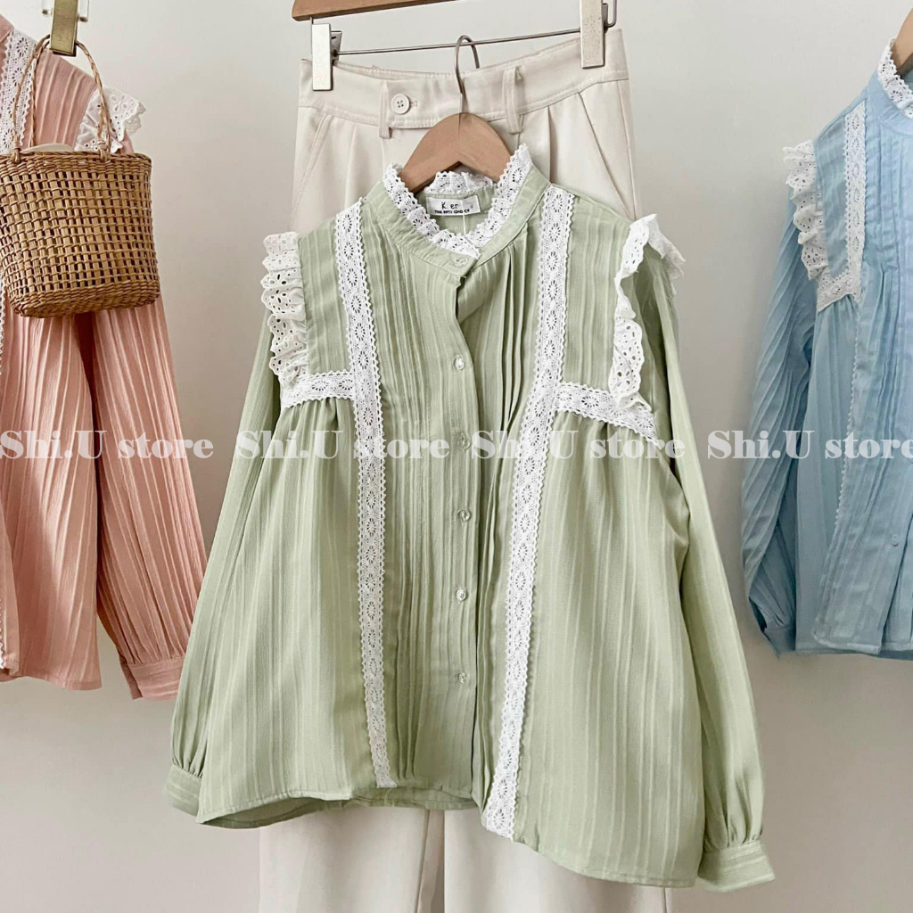 Áo sơ mi cổ tròn phối ren tay bồng chất đũi gân siêu xinh ulzzang