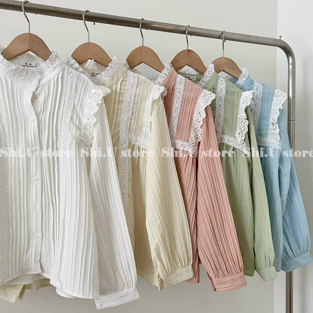 Áo sơ mi cổ tròn phối ren tay bồng chất đũi gân siêu xinh ulzzang