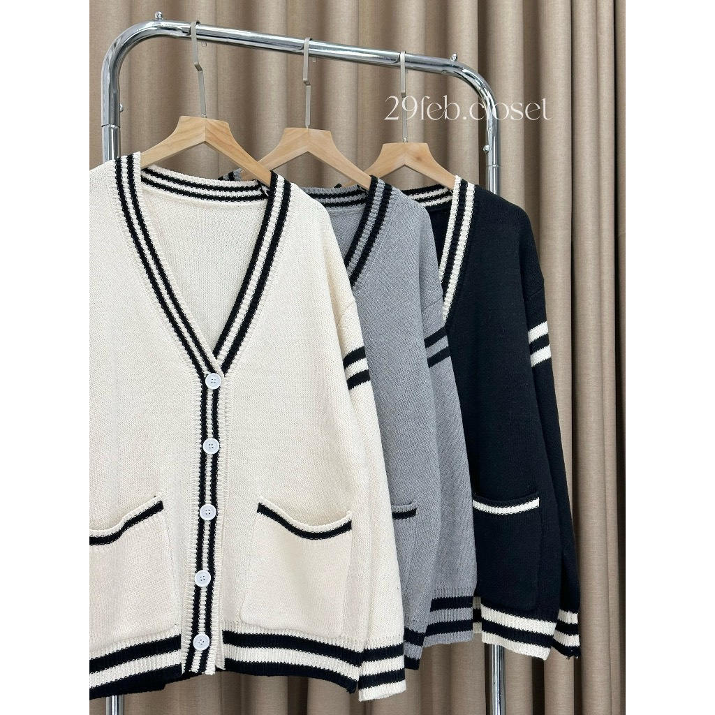 Áo Khoác Len Cardigan Dệt Kim Basic Phối Cổ 2 Sọc Cổ V Dáng Rộng Tay Dài Thời Trang Thu Đông Hàn Quốc | Vui Vẻ Shop