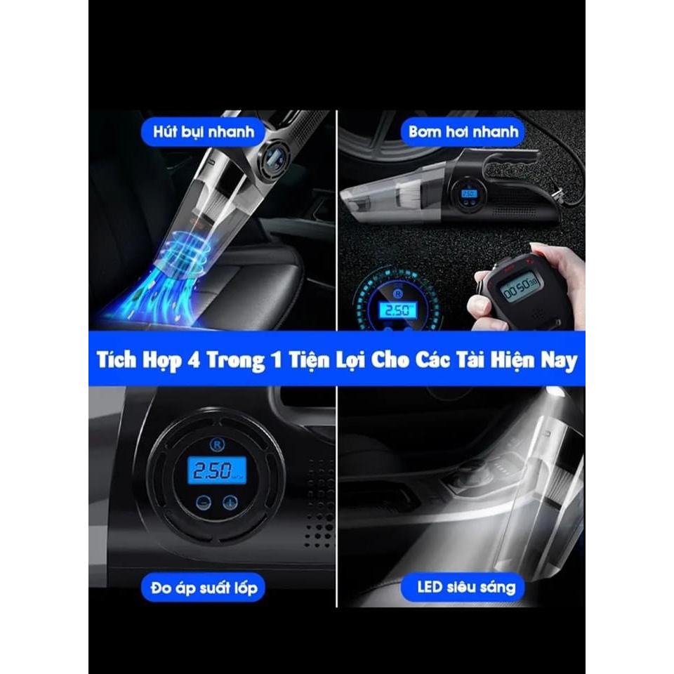 Máy Hút Bụi Ô Tô - Tích Hợp Bơm Lốp Ô Tô Đa Năng 4 in 1 - Hút Bụi, Bơm Lốp, Đo Áp Suất Lốp, Đèn Pin Chiếu Sáng Cao Cấp
