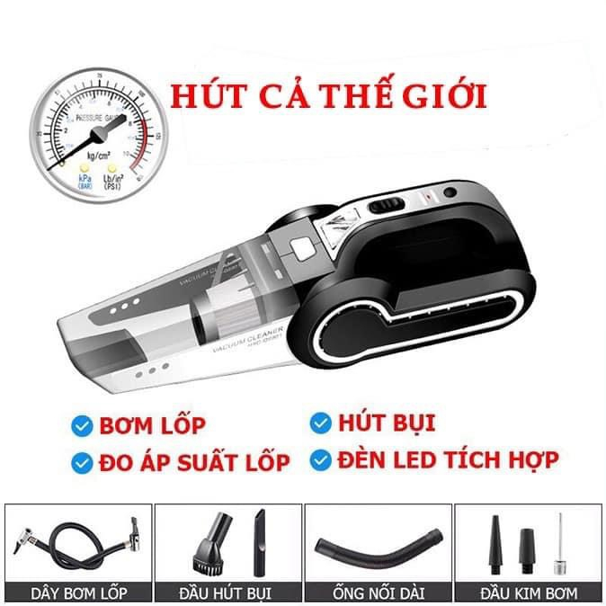 Máy Hút Bụi Ô Tô - Tích Hợp Bơm Lốp Ô Tô Đa Năng 4 in 1 - Hút Bụi, Bơm Lốp, Đo Áp Suất Lốp, Đèn Pin Chiếu Sáng Cao Cấp