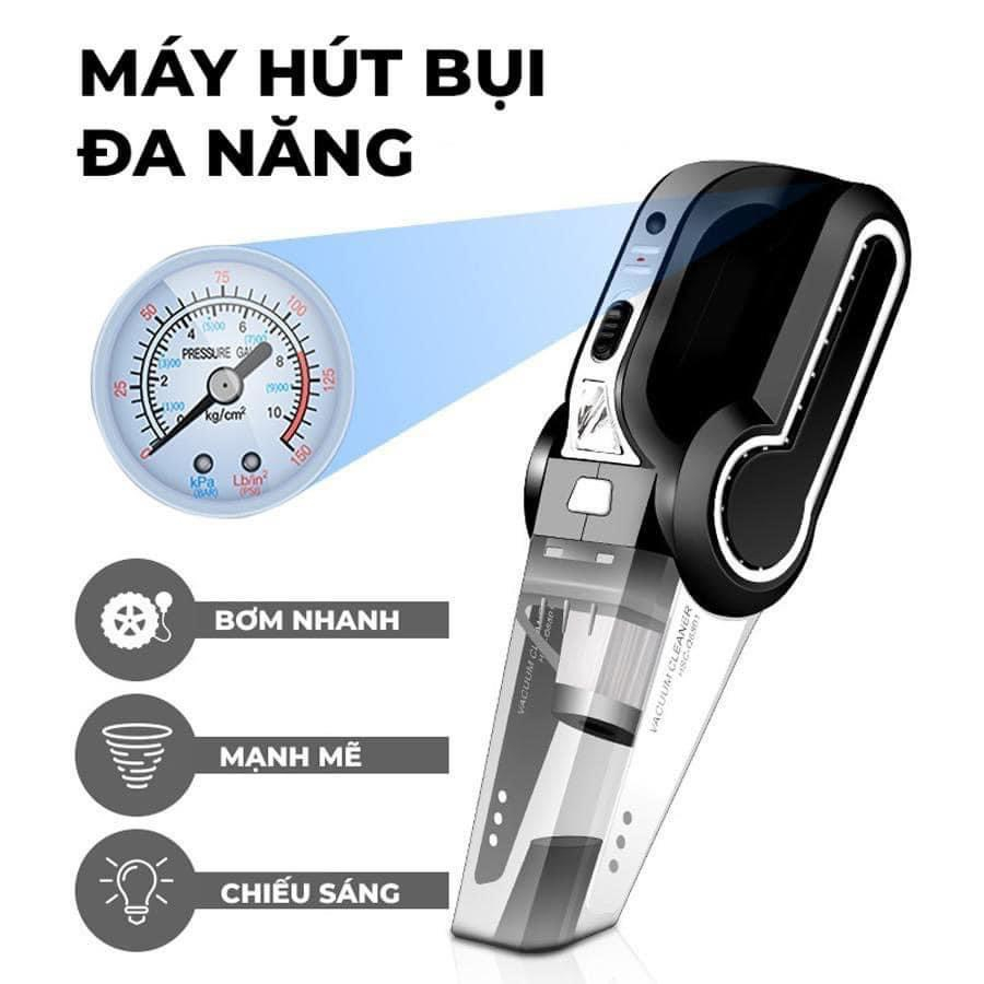 Máy Hút Bụi Ô Tô - Tích Hợp Bơm Lốp Ô Tô Đa Năng 4 in 1 - Hút Bụi, Bơm Lốp, Đo Áp Suất Lốp, Đèn Pin Chiếu Sáng Cao Cấp