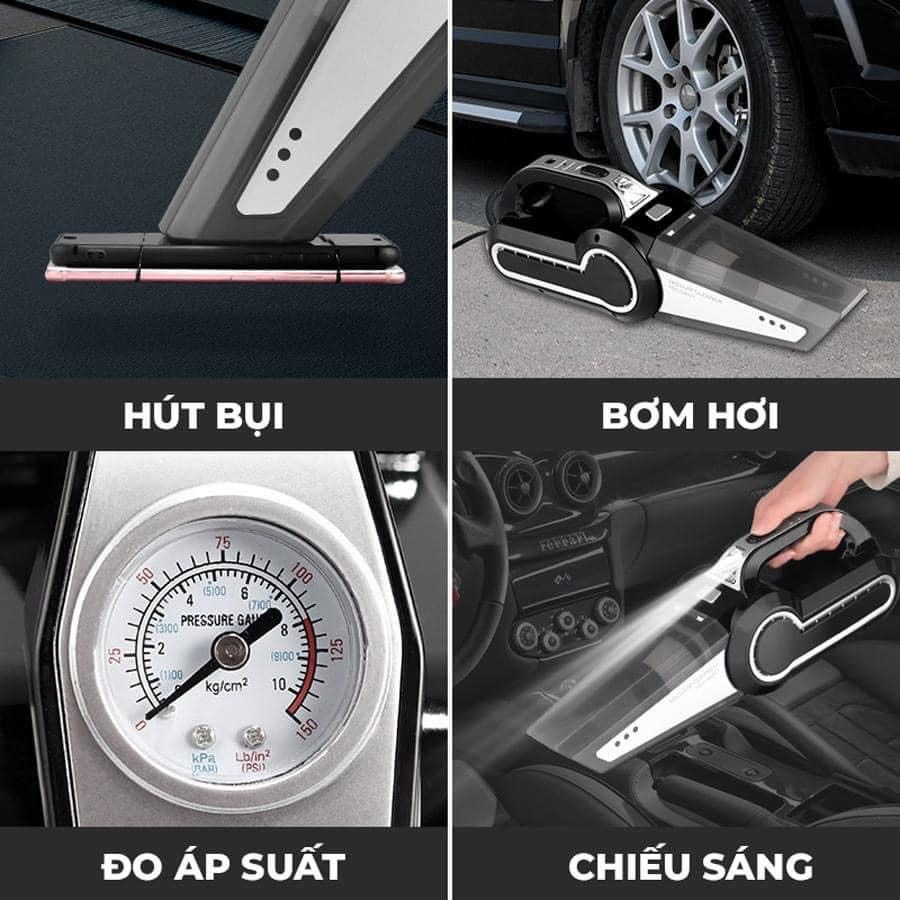 Máy Hút Bụi Ô Tô - Tích Hợp Bơm Lốp Ô Tô Đa Năng 4 in 1 - Hút Bụi, Bơm Lốp, Đo Áp Suất Lốp, Đèn Pin Chiếu Sáng Cao Cấp