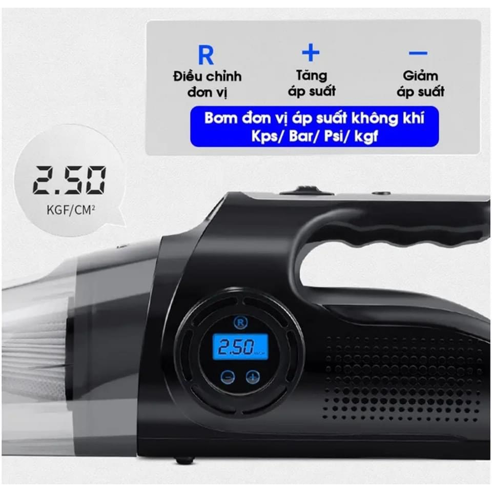 Máy Hút Bụi Ô Tô - Tích Hợp Bơm Lốp Ô Tô Đa Năng 4 in 1 - Hút Bụi, Bơm Lốp, Đo Áp Suất Lốp, Đèn Pin Chiếu Sáng Cao Cấp