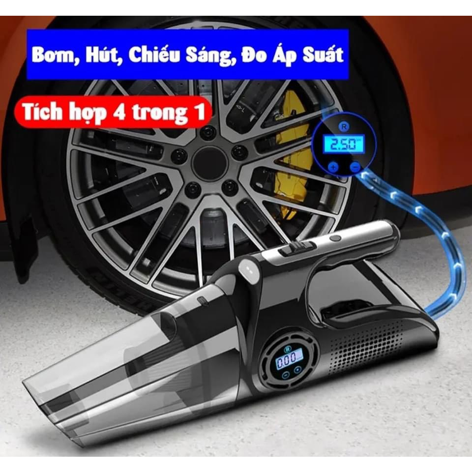 Máy Hút Bụi Ô Tô - Tích Hợp Bơm Lốp Ô Tô Đa Năng 4 in 1 - Hút Bụi, Bơm Lốp, Đo Áp Suất Lốp, Đèn Pin Chiếu Sáng Cao Cấp