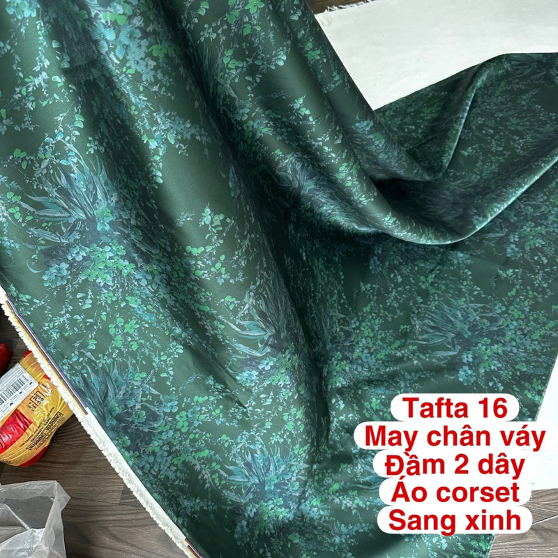 Vải Tafta Họa tiết xanh lá  16-trầm đẹp sang thu hút ánh nhìn-Chất tafta tơ có độ xòe đơ phẳng mượt bóng
