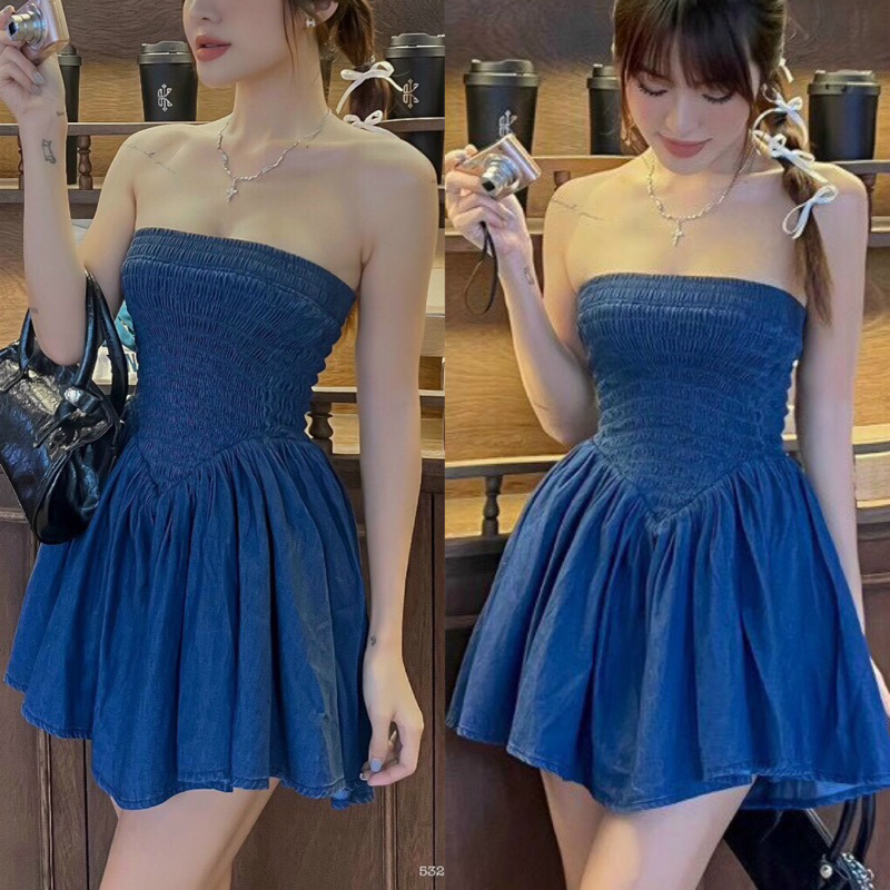 Đầm Ống Cúp Jeans Nhún Mocking Dáng Xoè Thiết Kế Xuất Sắc