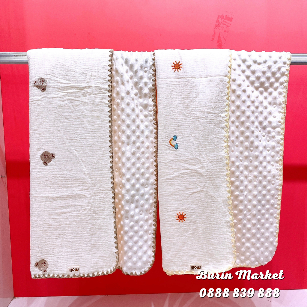 Chăn xô hạt đậu Molli, chăn quấn siêu mềm, họa tiết thêu dễ thương kích thước 100x100cm - Burin Mark