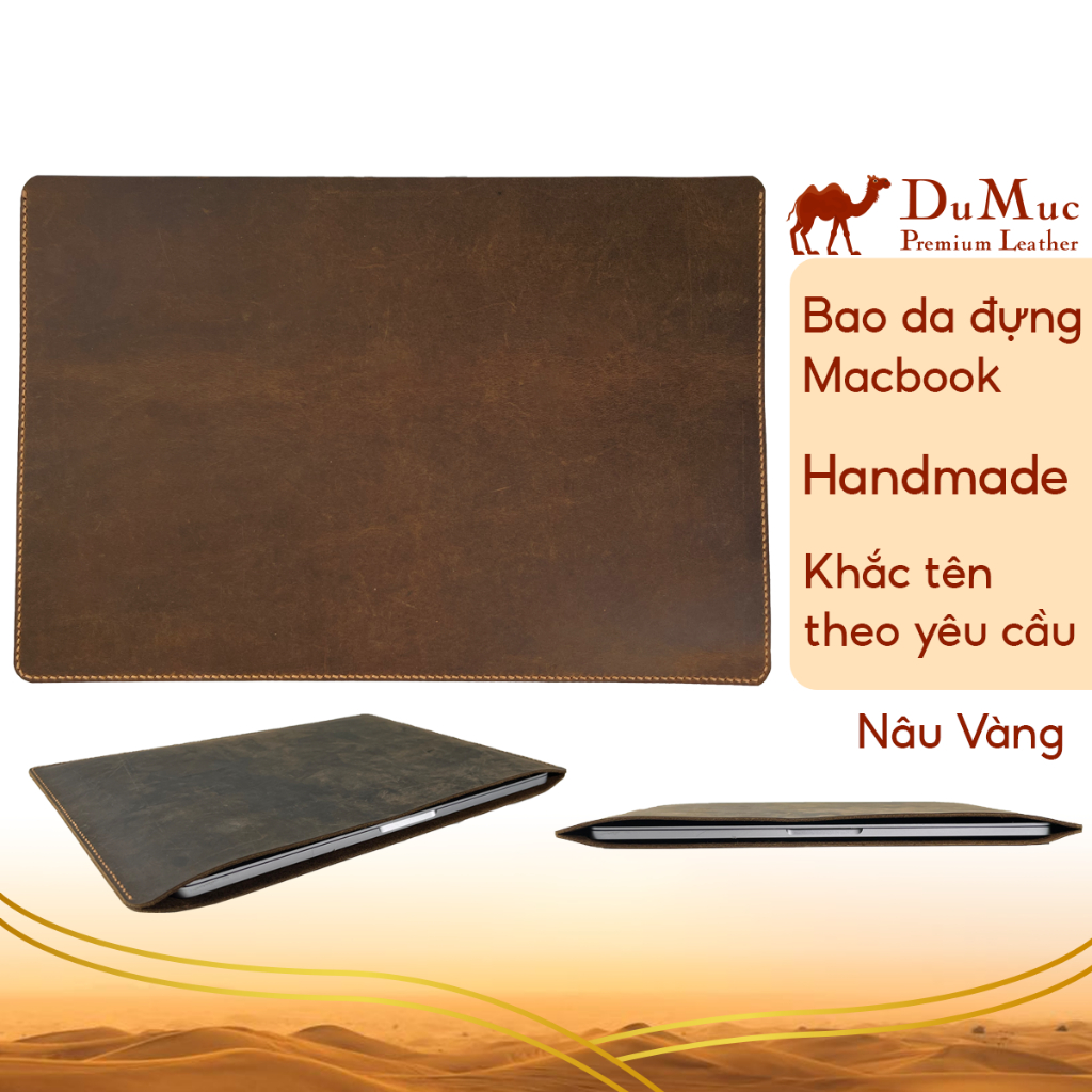 Bao da Macbook Laptop DUMUC Leather da bò sáp cao cấp nguyên tấm - Handmade - Nâu Vàng