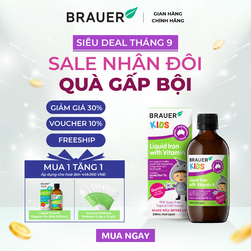 Siro BRAUER Liquid Iron with Vitamin B - Bổ sung Sắt & vitamin B cho trẻ từ 1 tuổi (200ml)