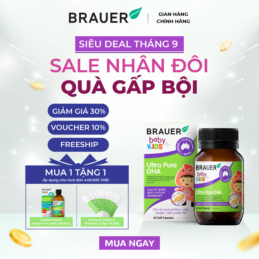 Vitamin BRAUER Ultra Pure DHA - Bổ sung DHA tinh khiết cho trẻ từ 7 tháng (60 viên nang)