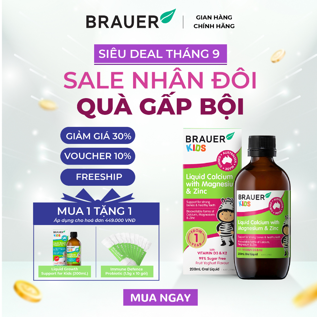 Siro BRAUER Calcium with Magnesium & ZinC - Hỗn hợp Vitamin Canxi, Magie và Kẽm cho trẻ từ 1 tuổi (200ml)