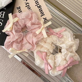 Dây cột tóc scrunchies đính nơ bèo nhún màu hồng pastel pinky, nơ cột tóc công chúa điệu đà by.lisa