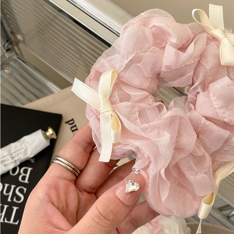 Dây Cột Tóc Scrunchies Đính Nơ Bèo Nhún Màu Hồng Pastel Pinky, Nơ Cột Tóc Công Chúa Điệu Đà by.Lisa