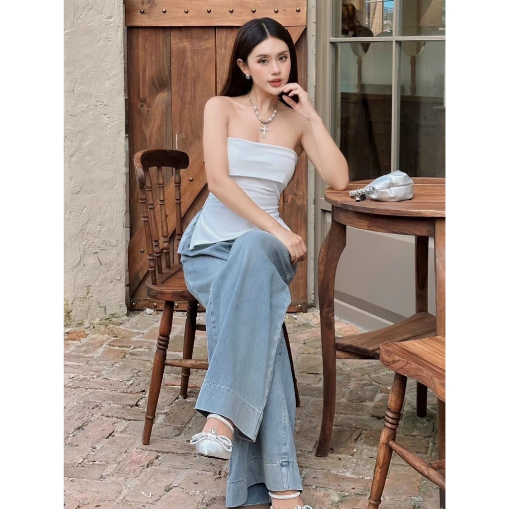 Áo thun cúp viền ngực bo eo xẻ tà dây kéo