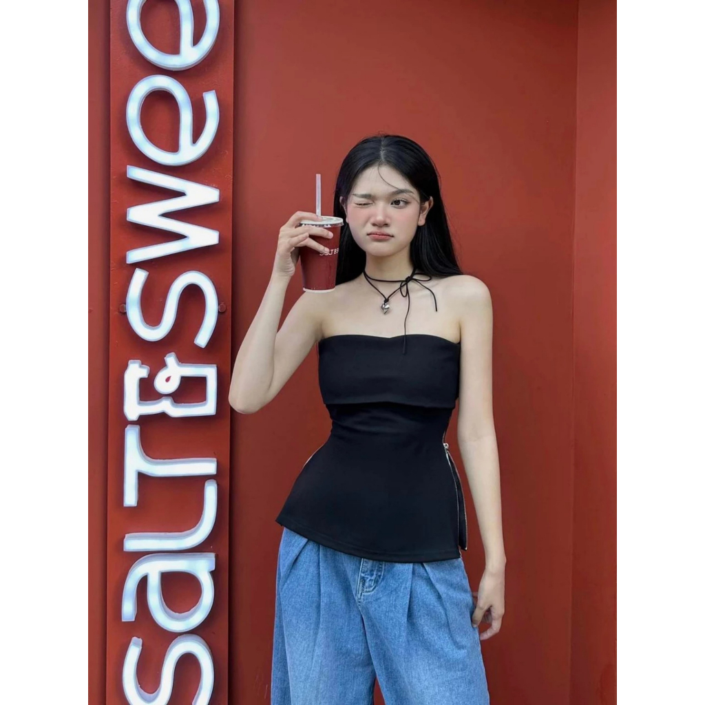 Áo thun cúp viền ngực bo eo xẻ tà dây kéo