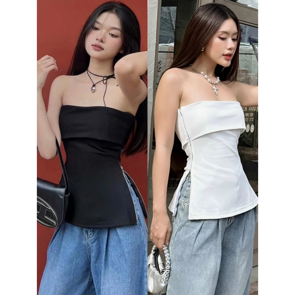 Áo thun cúp viền ngực bo eo xẻ tà dây kéo