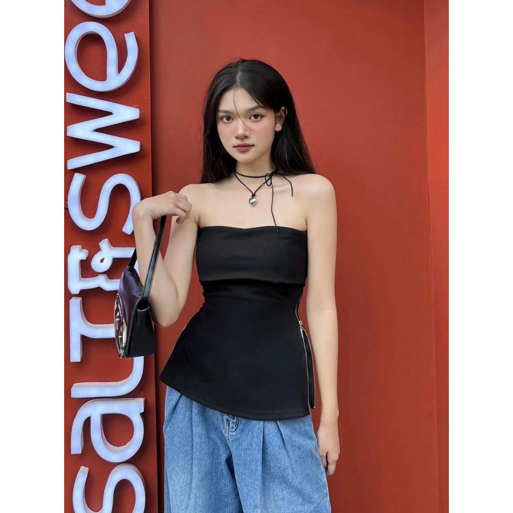 Áo thun cúp viền ngực bo eo xẻ tà dây kéo