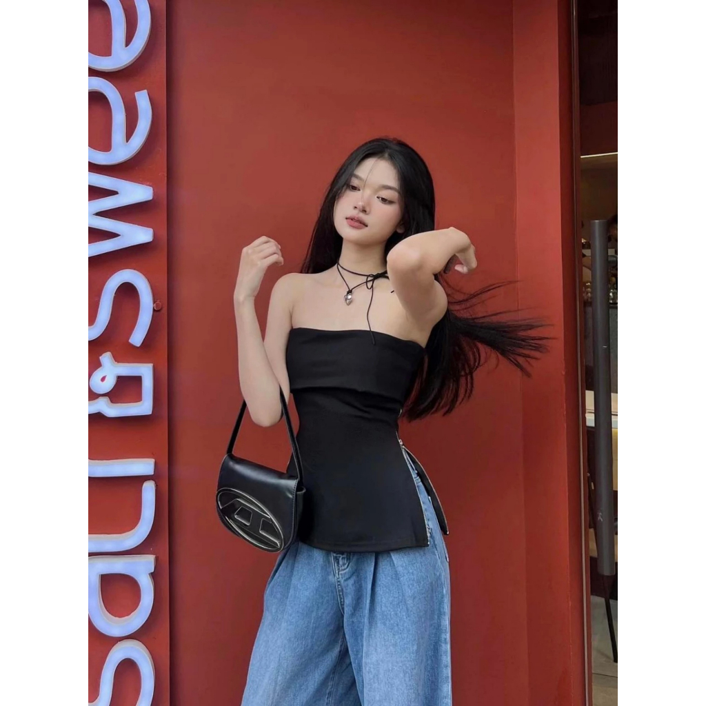 Áo thun cúp viền ngực bo eo xẻ tà dây kéo