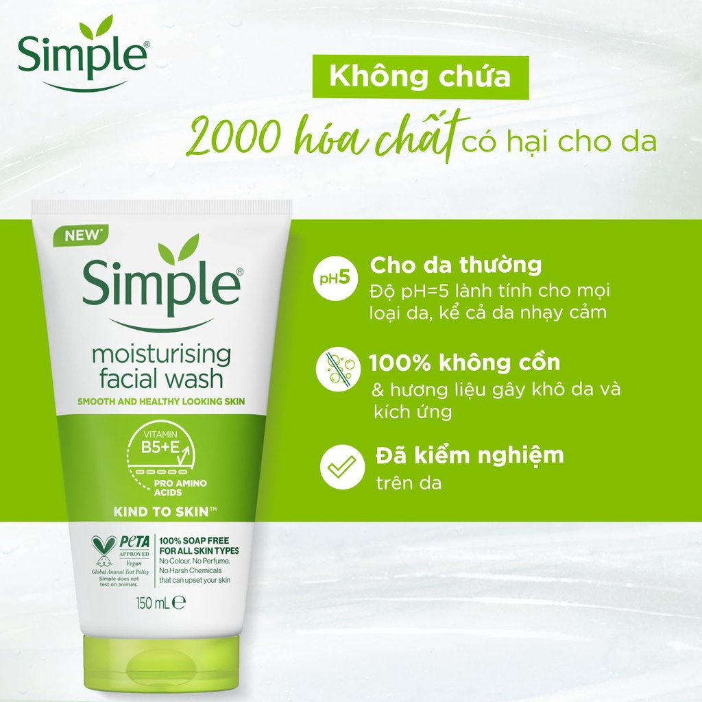 Sữa rửa mặt Simple lành tính, kiềm dầu, ngừa mụn, dưỡng ẩm cho da 150ml