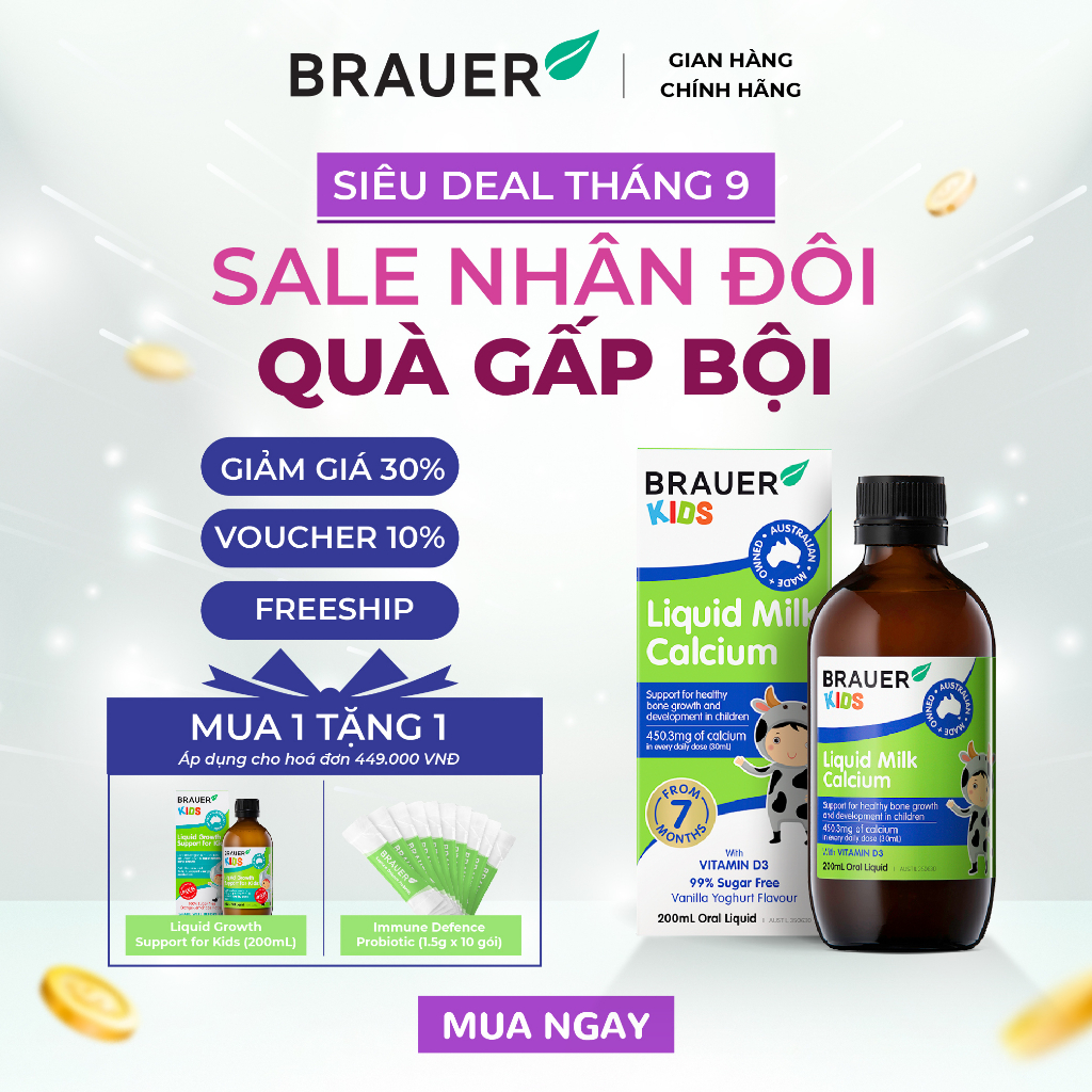 Siro BRAUER Liquid Milk Calcium - Bổ sung Canxi dạng sữa cho trẻ trên 7 tháng tuổi (200ml)