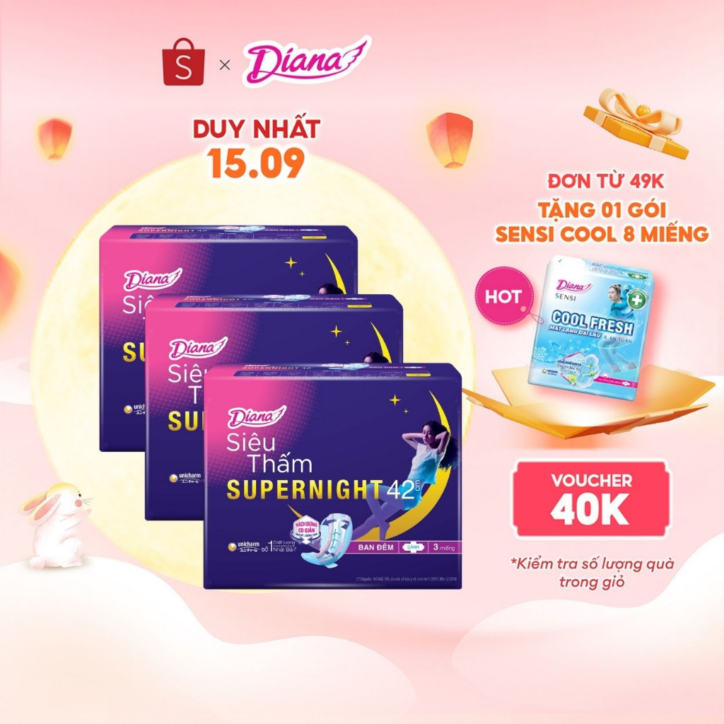 Bộ 3 gói băng vệ sinh Diana siêu thấm Supernight 42cm 3 miếng/gói