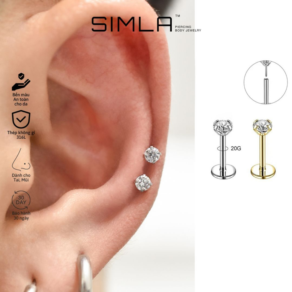Khuyên tai/ khuyên mũi Simla thân labret 20G Thép không gỉ 316L đá trắng chốt nhấn (Chiếc) - Simla Body Jewelry