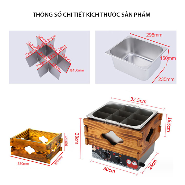 Bếp nhúng lẩu xiên que tự chọn, nồi lẩu oden loại 9 ngăn khung gỗ cao cấp
