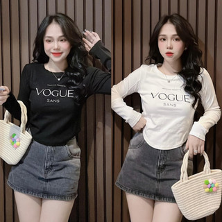 Áo thun ôm body nữ tay dài vạt bầu CropTop phổi chữ trước ( Vogu )